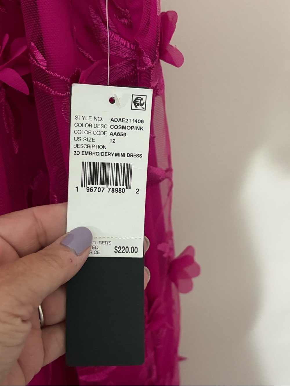 NWT Adrianna Papell Cosmo Pink 3D Floral Embroidered Mini Dress Size 12 - Picture 4 of 7